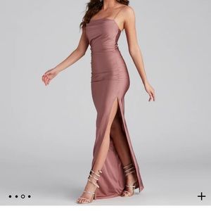 Mauve pink formal dress with a slit